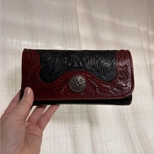 American West Wallet Brown Leather Hand Tooled Trifold Studded Western Cowgirl